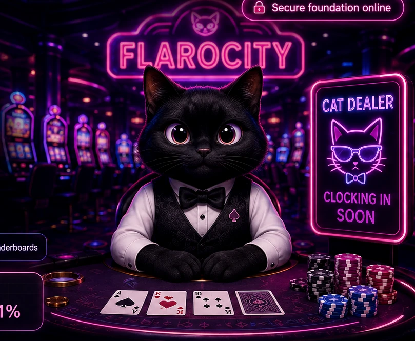 Black cat casino dealer in a neon casino